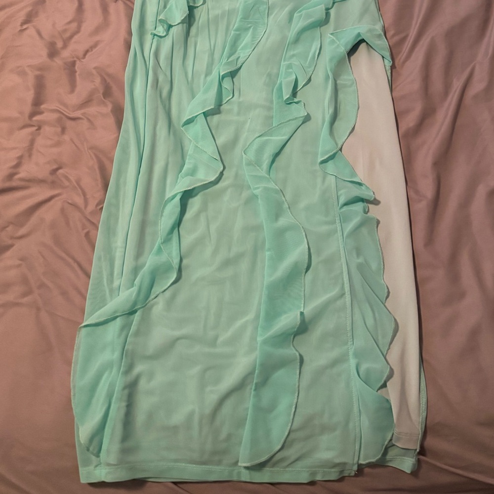 Turquoise Ruffled Strapless Prom Dress - Picture 4 of 6